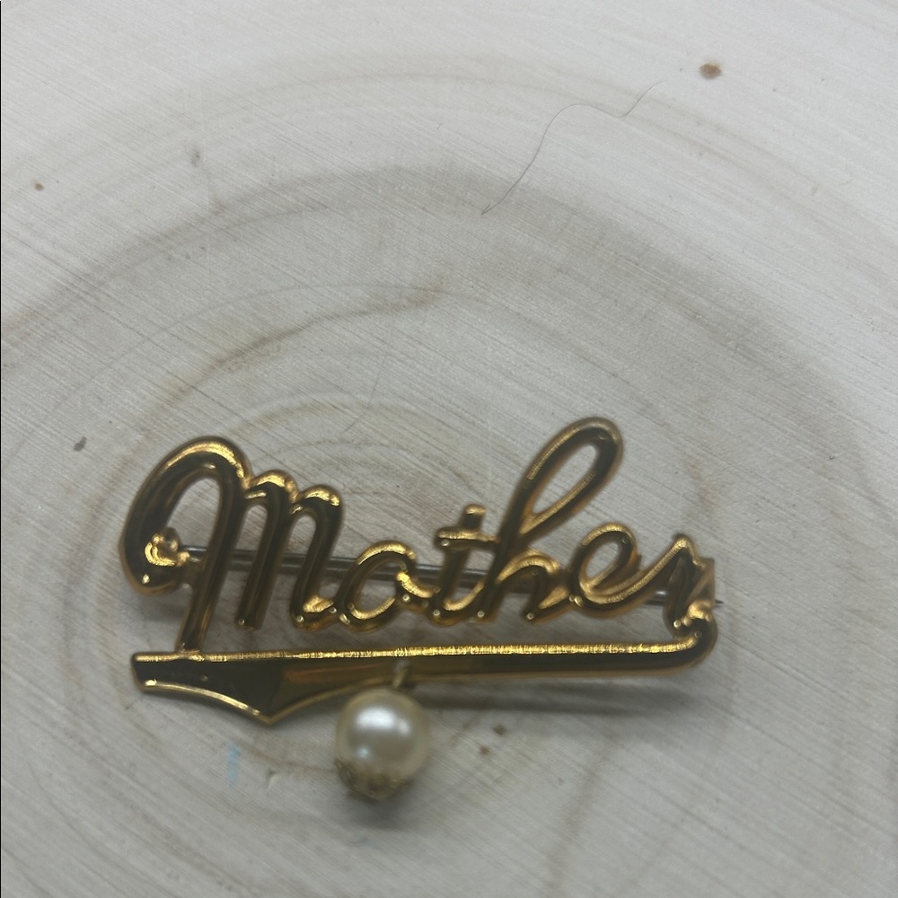 Gold Script Brooch with Pearl Accent